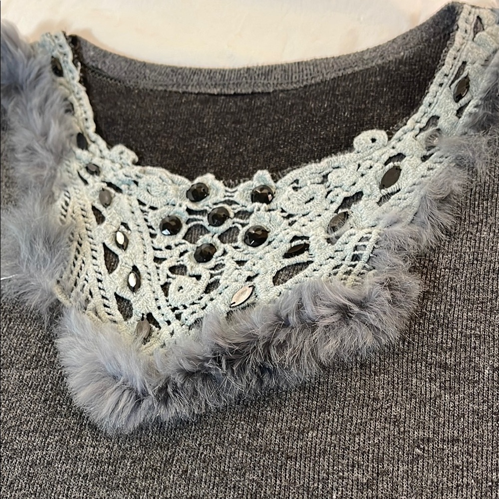 Gray Sweater with Real Fur and Lace Detail Size Medium - Picture 2 of 9